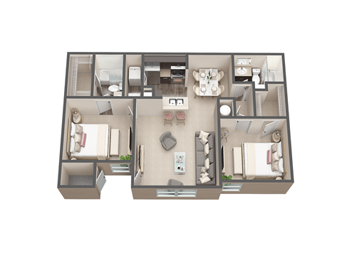 Floor plan for 2 beds, 2 baths, 838 sqft